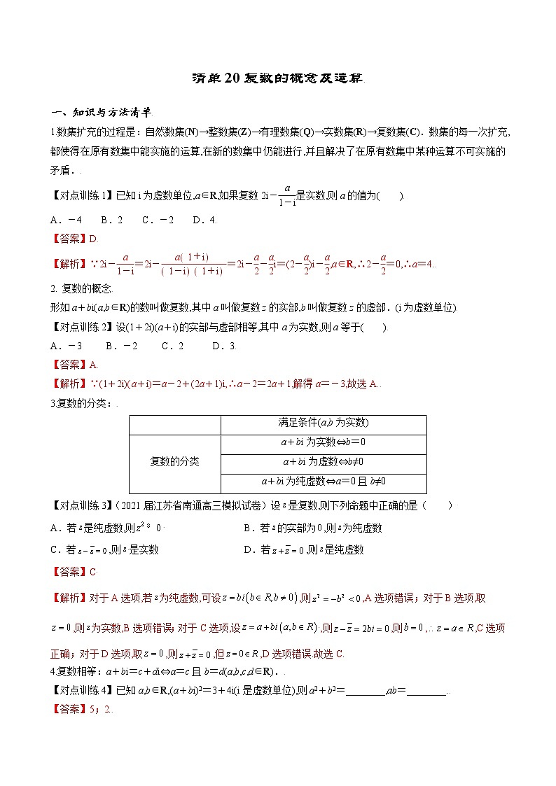 清单20 复数的概念及运算(解析版)-2022年新高考数学一轮复习知识方法清单与跟踪训练第1页