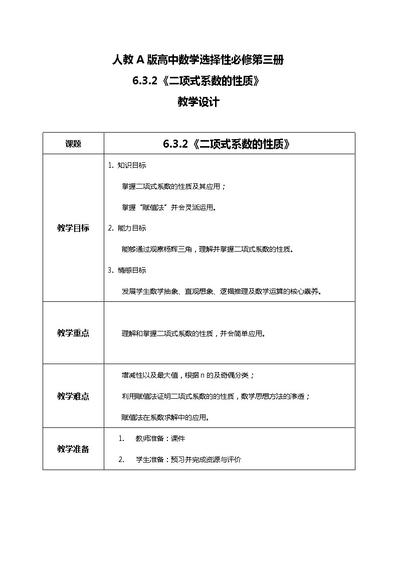 6.3.2二项式系数的性质 课件+教学设计01