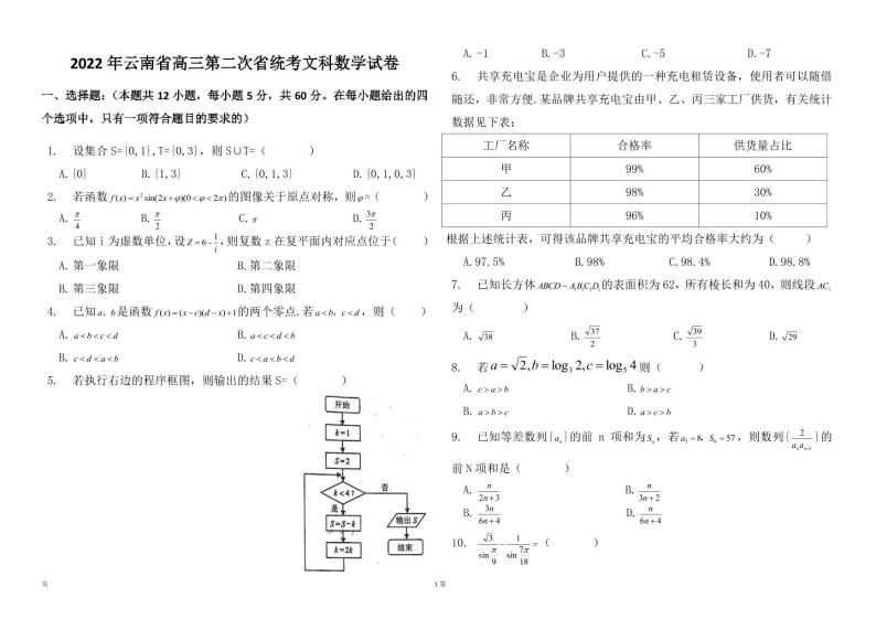 2022届云南省高三下学期4月第二次高中毕业生复习统一检测（二模）数学（文）试题 +答案01