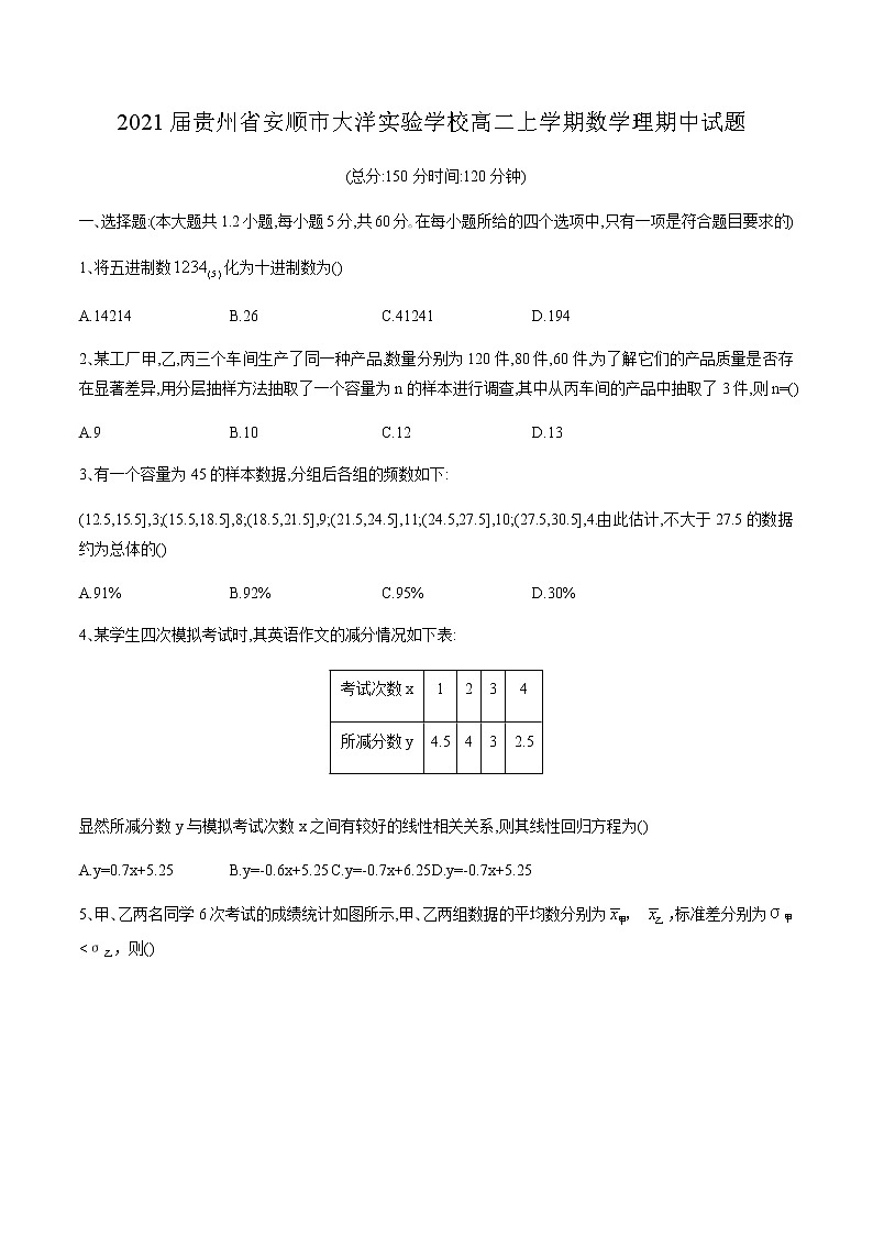 2021届贵州省安顺市大洋实验学校高二上学期数学理期中试题第1页