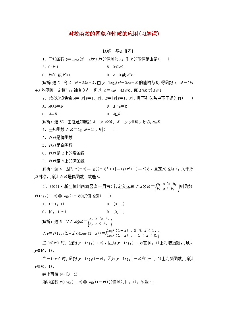 新人教A版高中数学必修第一册课时检测35对数函数的图象和性质的应用习题课含解析第1页
