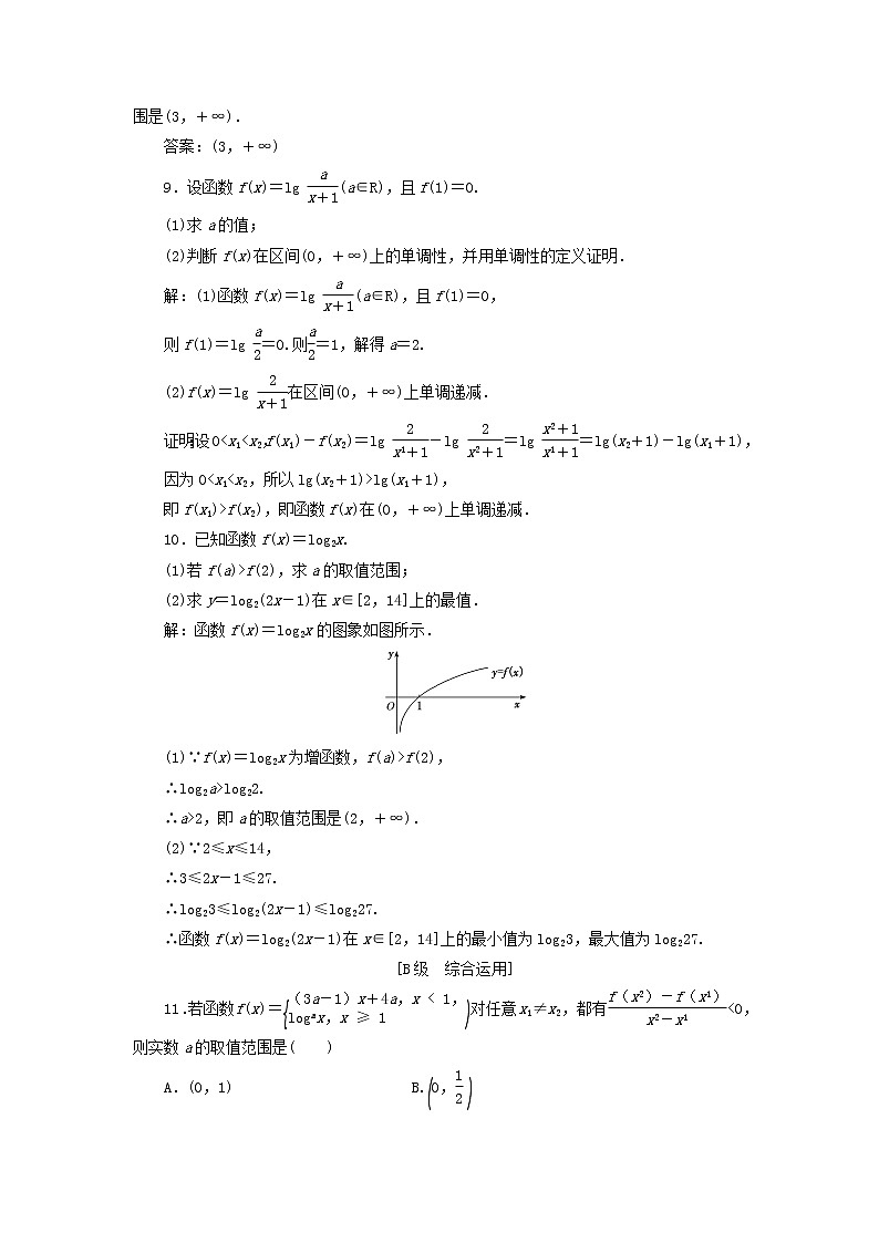 新人教A版高中数学必修第一册课时检测35对数函数的图象和性质的应用习题课含解析第3页