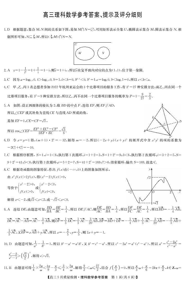 2022届高三九师联盟5月质量检测卷(老高考)理科数学答案第1页