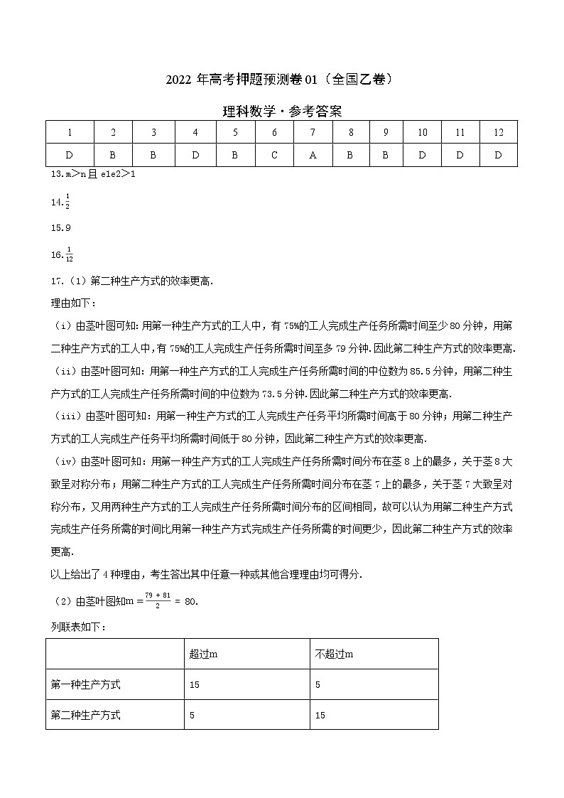 2022年高考理科数学押题预测卷+答案解析01(全国乙卷)01