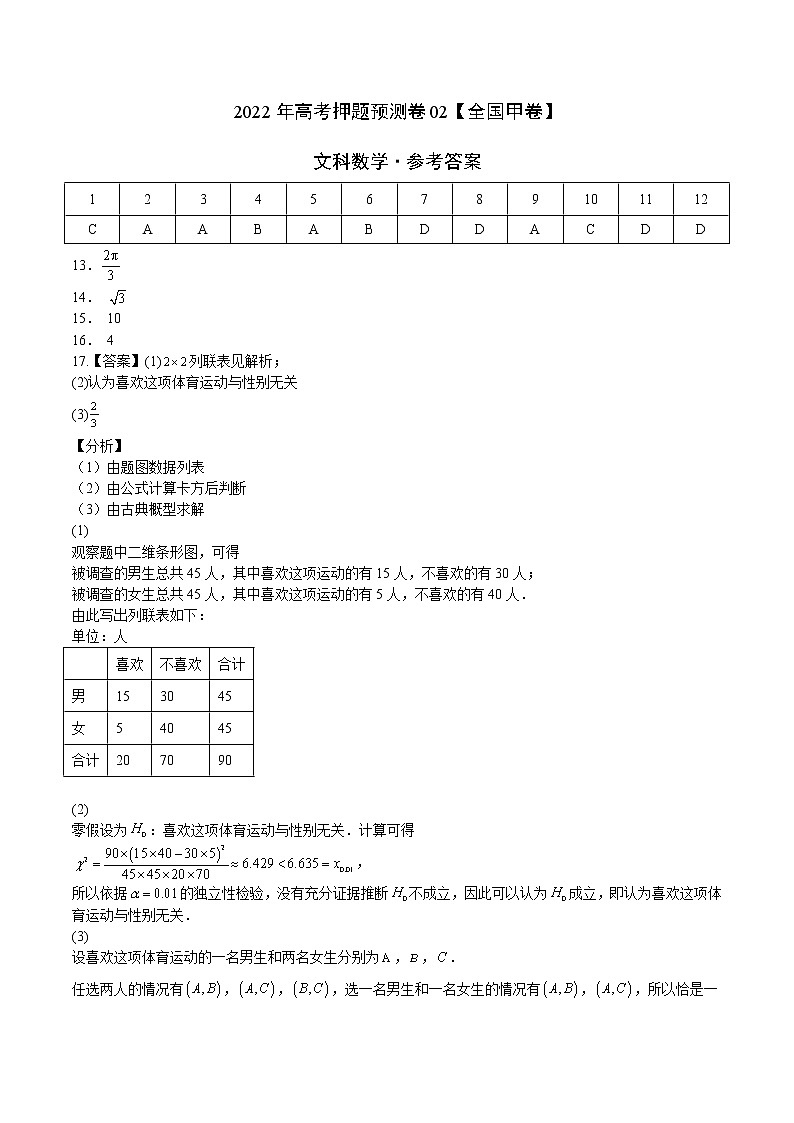 2022年高考文科数学押题预测卷+答案解析02(全国甲卷)01