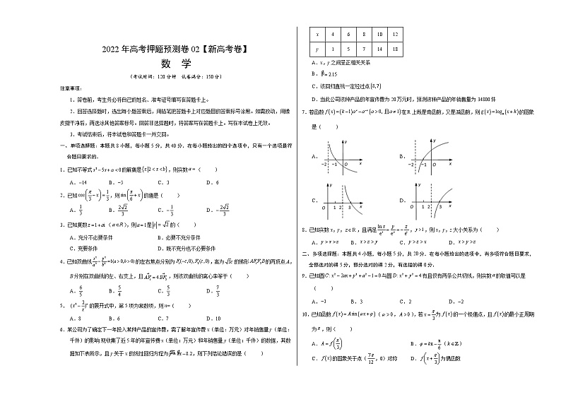 2022年高考数学押题预测卷02(新高考卷) (考试版)第1页