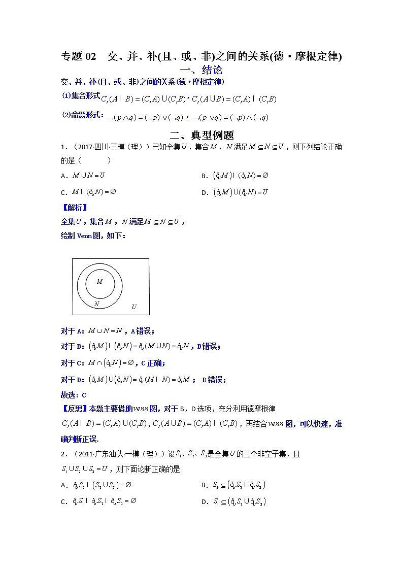 专题02 交、并、补(且、或、非)之间的关系(德·摩根定律)(原卷版)-【二级结论速解】备战2022年高考数学必备考试技能高分领先方案第1页
