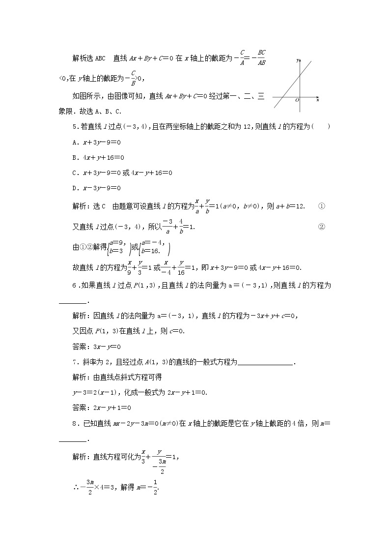 新人教B版高中数学选择性必修第一册课时检测14直线的两点式和一般式方程含解析 试卷02