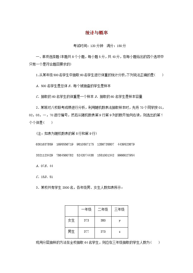 新人教B版高中数学必修第二册第五章统计与概率章末检测含解析第1页