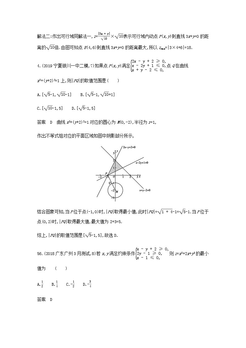 新人教A版高考数学二轮复习专题二不等式2二元一次不等式组与简单的线性规划专题检测含解析第3页