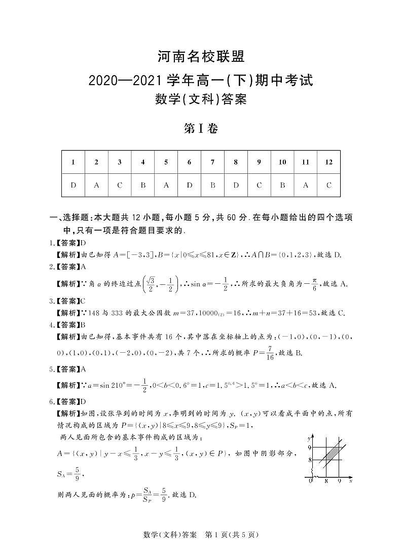 2021河南省名校联盟高一下学期期中考试数学(文)试题扫描版含答案01