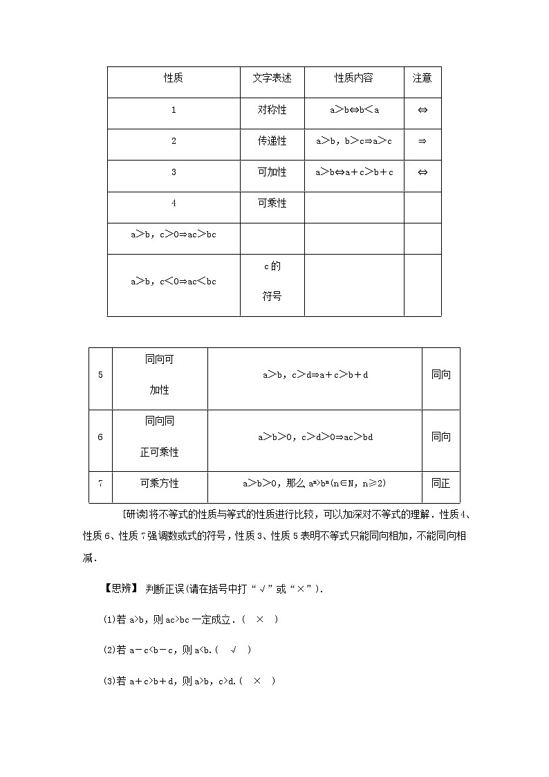 新人教A版高中数学必修第一册第二章一元二次函数方程和不等式1等式性质与不等式性质学案第2页