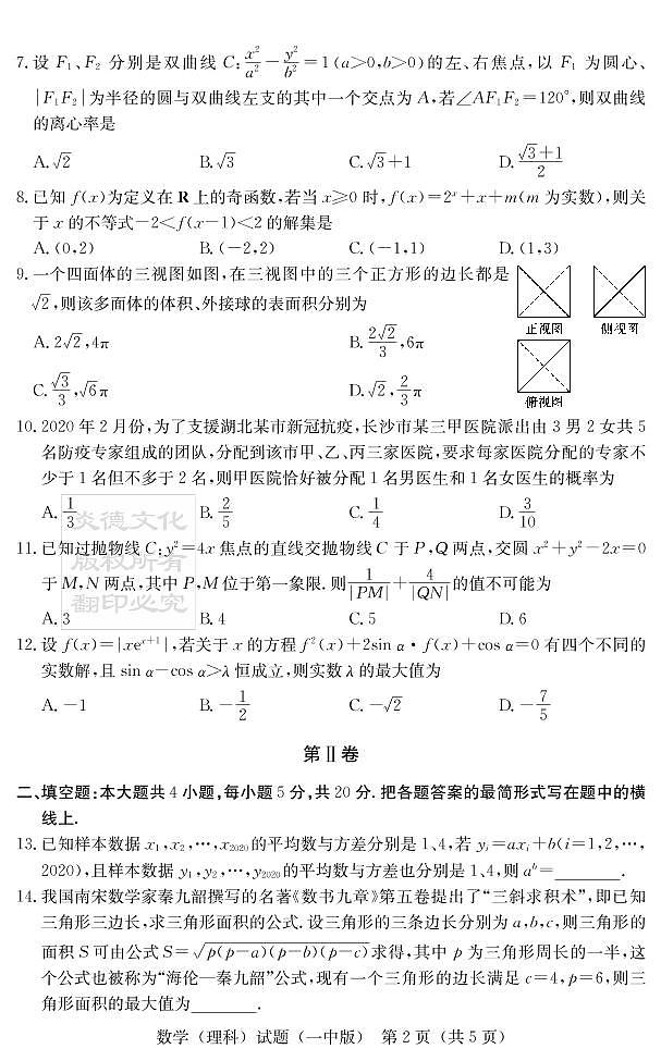2020届长沙市一中高三第10次月考试卷-理数试卷第2页
