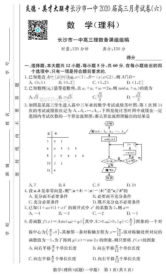 2020届长沙市一中高三第6次月考试卷-理数试卷第1页