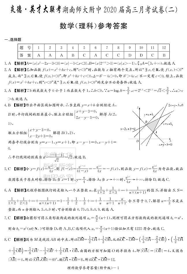 2020届湖南师大附中高三第2次月考试卷-理科数学答案第1页