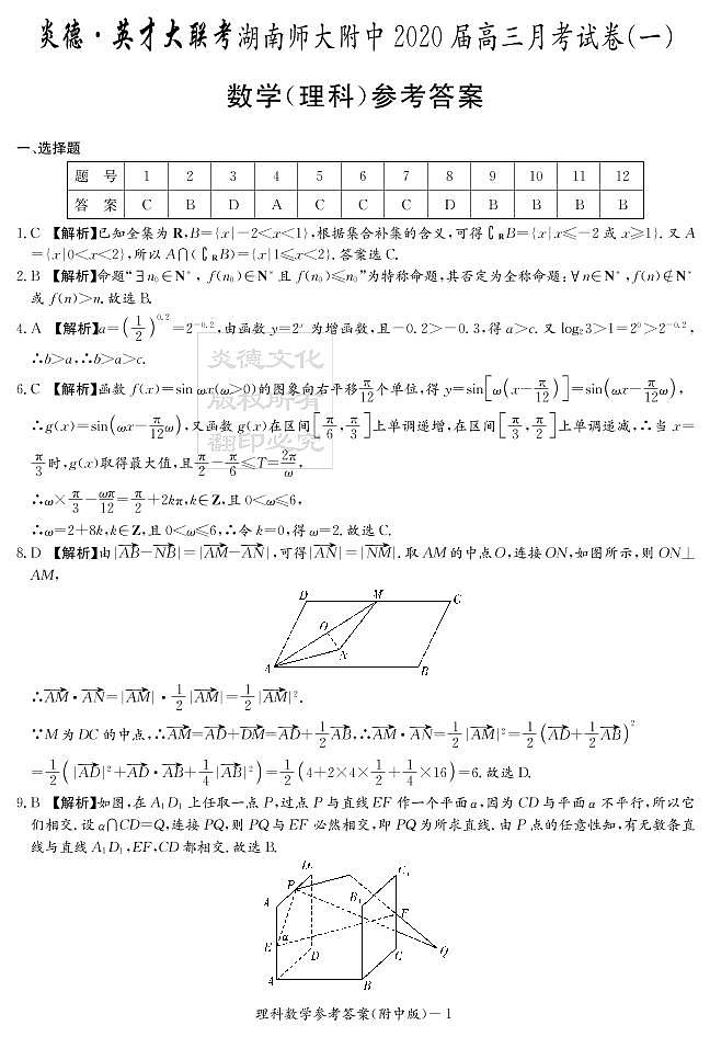 2020届湖南师大附中高三第1次月考试卷-理科数学答案第1页