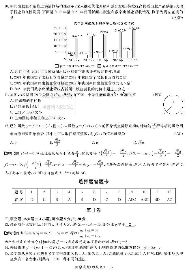 炎德英才大联考雅礼中学2021高考模拟卷一数学试卷及参考答案03