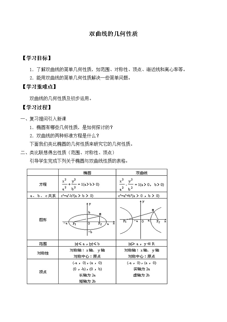 人教版(B版2019课标)高中数学选择性必修一2.6.2双曲线的几何性质_学案第1页