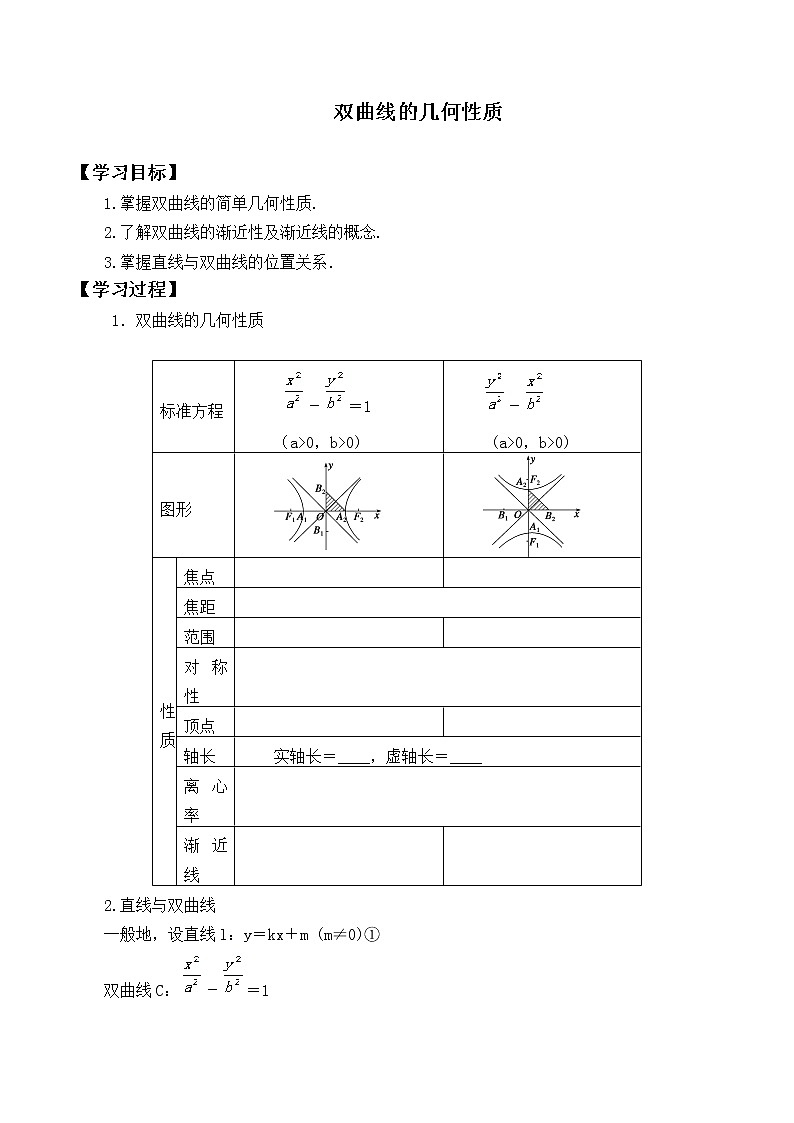 人教版(B版2019课标)高中数学选择性必修一2.6.2双曲线的几何性质_学案01