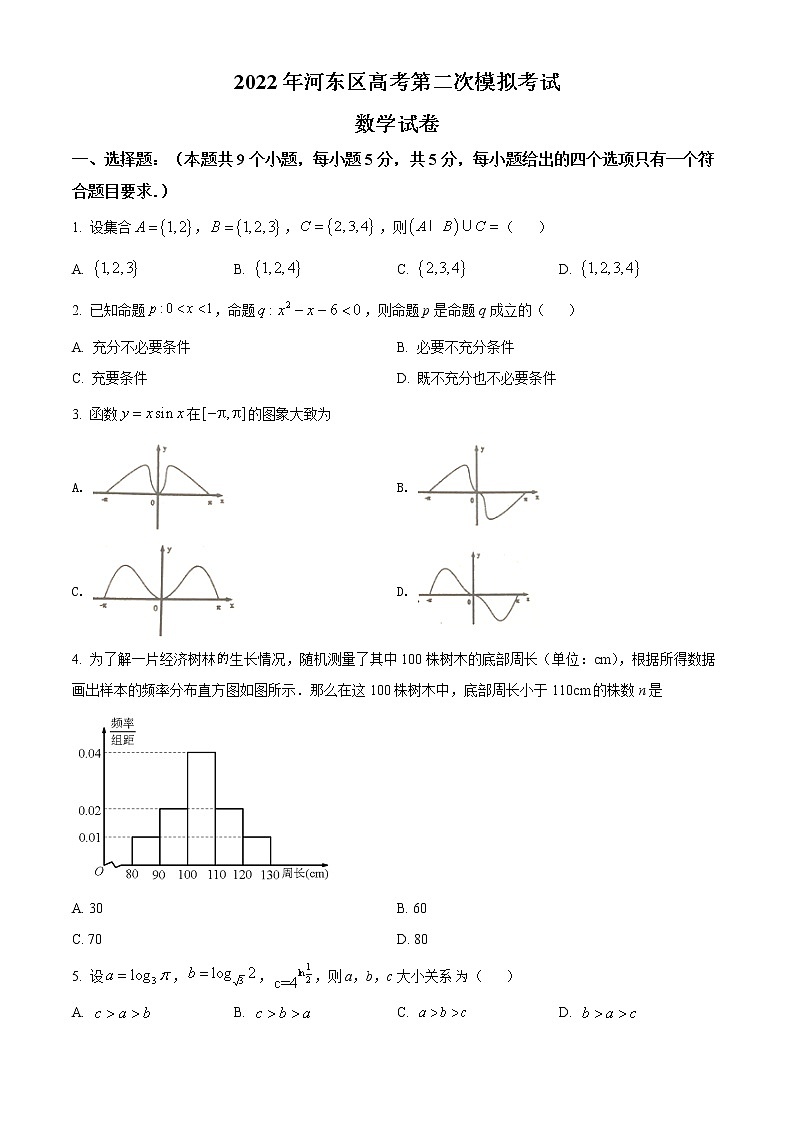 2022天津河?xùn)|區(qū)高三下學(xué)期二模試卷數(shù)學(xué)試題第1頁(yè)