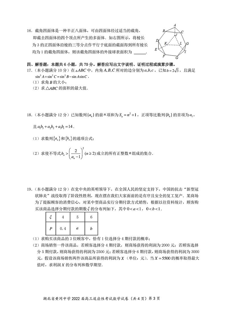 2022黄冈中学高三第四次模拟(四模)考试数学(PDF版含答案)第3页