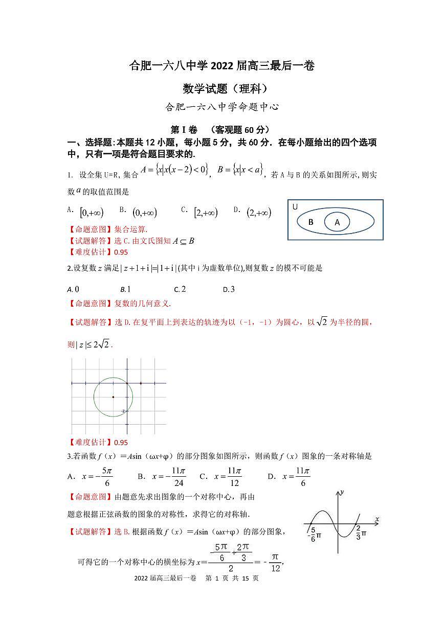 合肥一六八中學(xué) 2022 屆高三最后一卷理科數(shù)學(xué)試卷第1頁