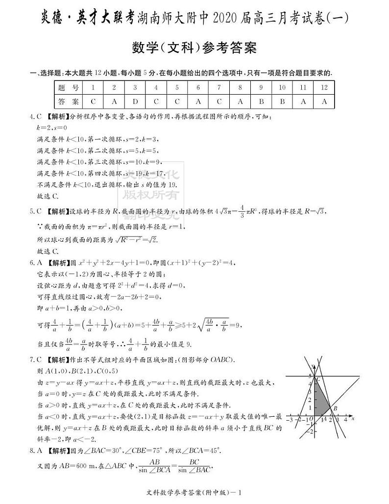 2020届湖南师大附中高三第1次月考试卷-文科数学答案第1页