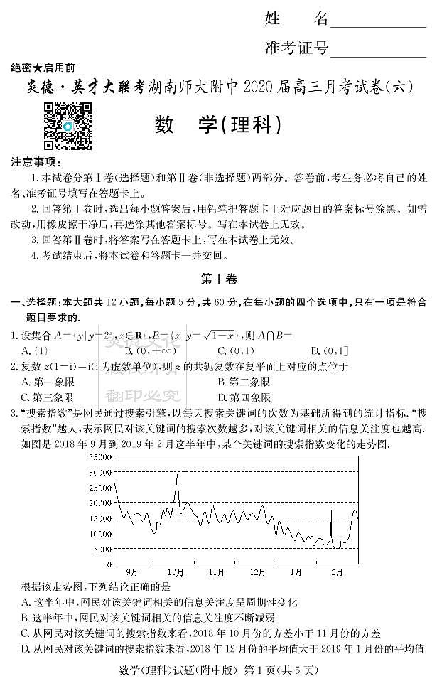2020届湖南师大附中高三第6次月考试卷-理科数学第1页