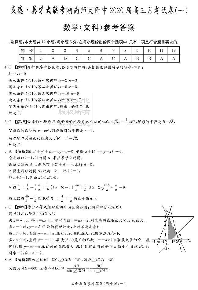 2020届湖南师大附中高三第1次月考试卷-文科数学答案第1页