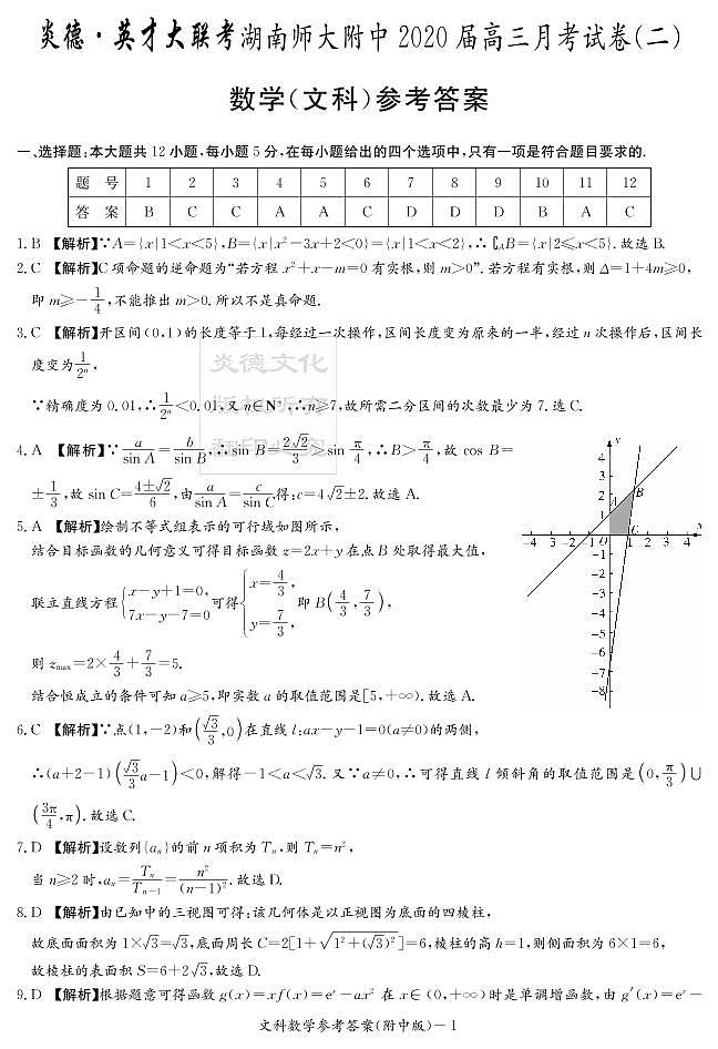 2020届湖南师大附中高三第2次月考试卷-文科数学答案第1页