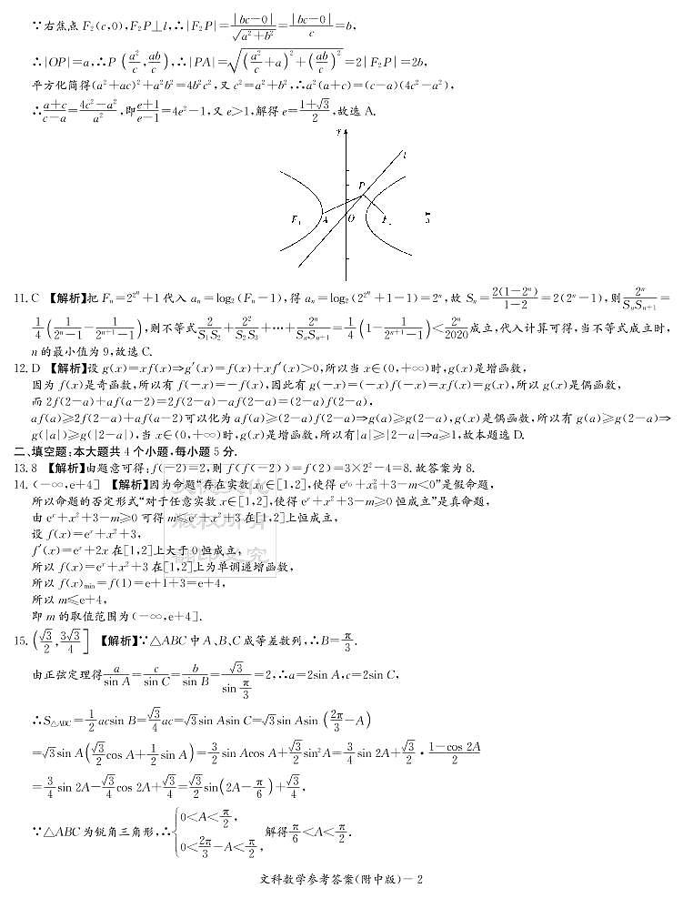 2020届湖南师大附中高三第7次月考试卷-文科数学答案第2页