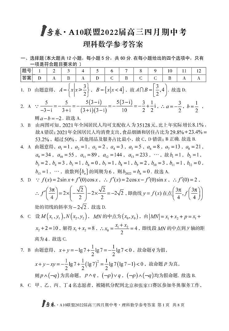 1号卷 A10联盟2022届高三四月期中考数学(理科)答案第1页