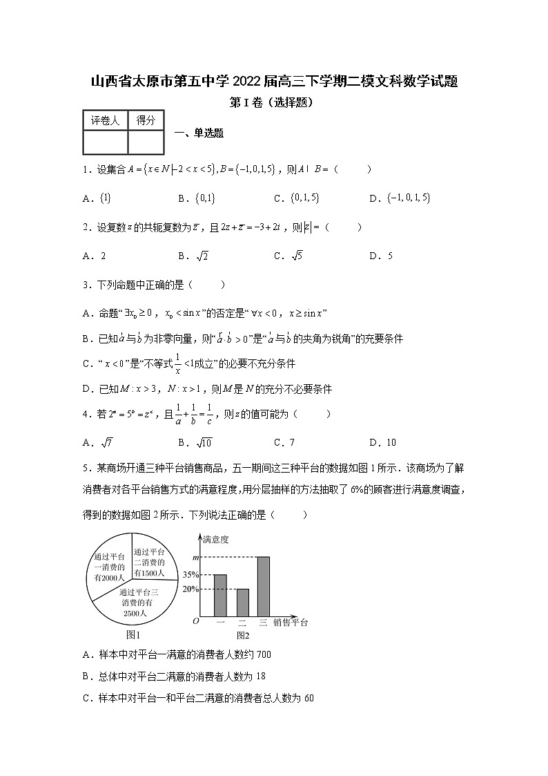 山西省太原市第五中学2022届高三下学期二模文科数学试题01