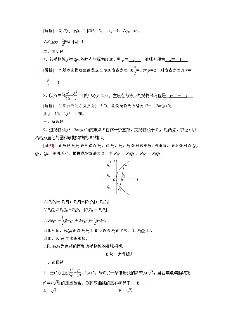 高中数学人教版选修1-1第二章圆锥曲线与方程2.3抛物线第1课时抛物线及其标准方程同步教学习题第2页