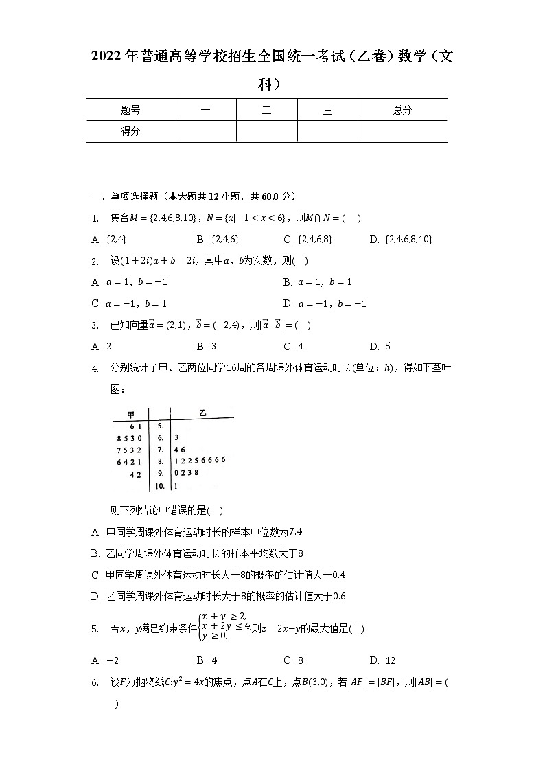 2022年普通高等学校招生全国统一考试(乙卷)数学(文科)-学生用卷第1页