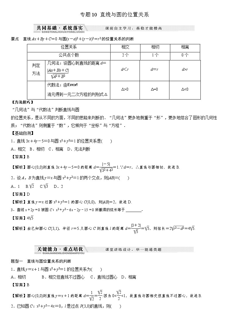 专题10 直线与圆的位置关系练习-2021-2022学年高二数学重难点手册第1页