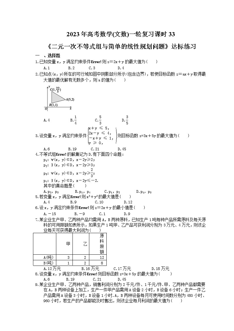 2023年高考数学(文数)一轮复习课时33《二元一次不等式组与简单的线性规划问题》达标练习(含详解)第1页