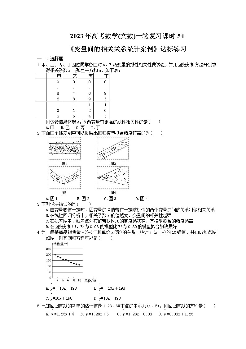 2023年高考数学(文数)一轮复习课时54《变量间的相关关系统计案例》达标练习(含详解)第1页