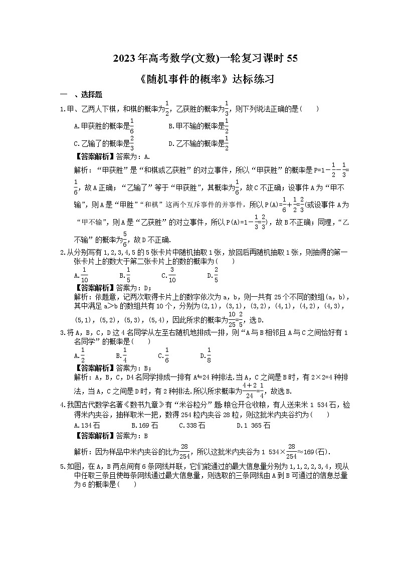 2023年高考数学(文数)一轮复习课时55《随机事件的概率》达标练习(教师版)第1页