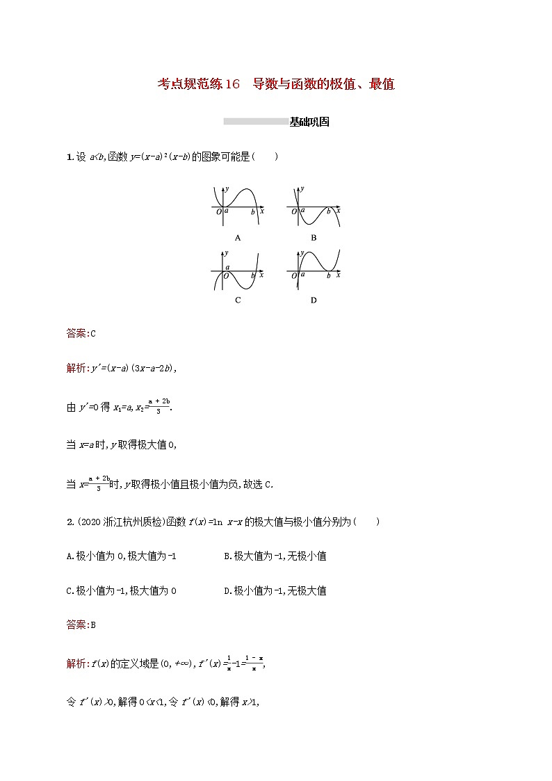 广西专用高考数学一轮复习考点规范练16导数与函数的极值最值含解析新人教A版理01