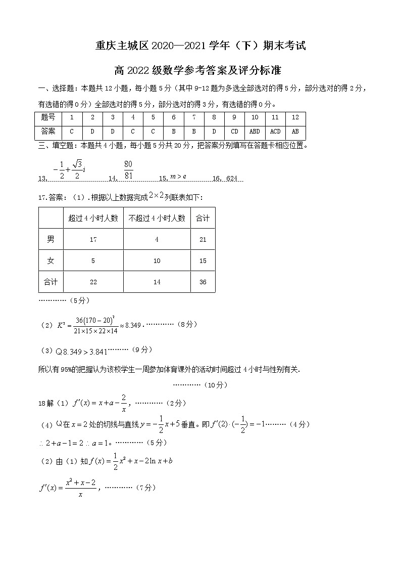 2020-2021学年重庆市主城区七校联考高二下期2022级数学期末参考答案及评分标准(1)第1页