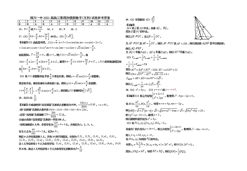 2021第四次模拟数学(文科)试卷答案第1页
