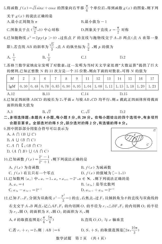 2021届山东省济南市5月高考模拟针对训练(三模)数学试题(PDF版)第2页