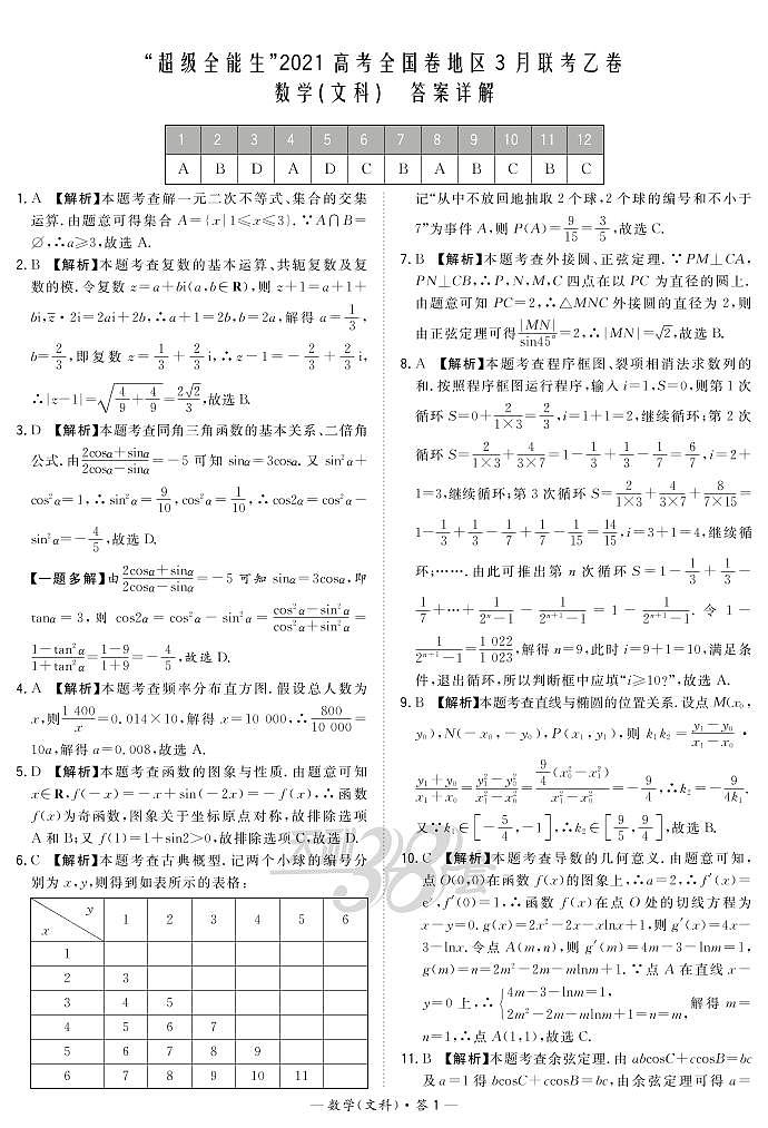 2021“超级全能生”高三全国卷地区3月联考试题(乙卷)数学(文)PDF版含解析01