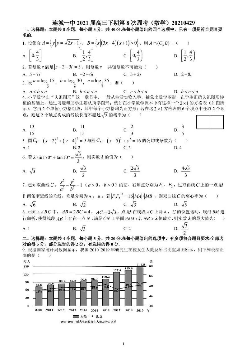 连城一中2021届高三(下)第八次周考--数学第1页