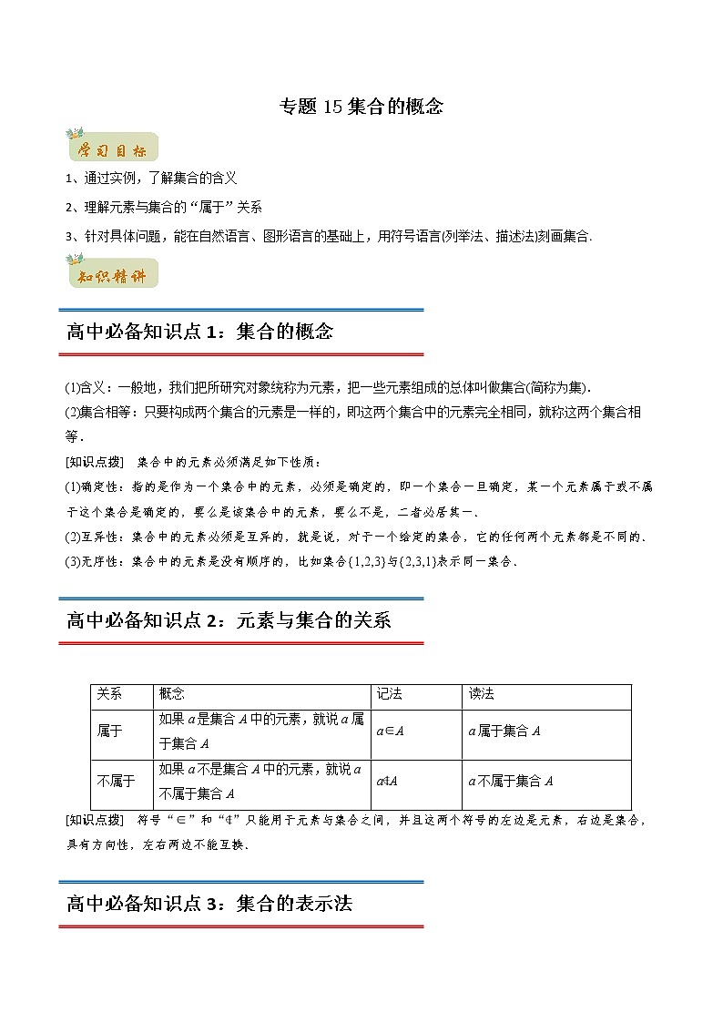专题15 集合的概念(学生版)-2022年初升高数学衔接讲义(第1套) 第1页