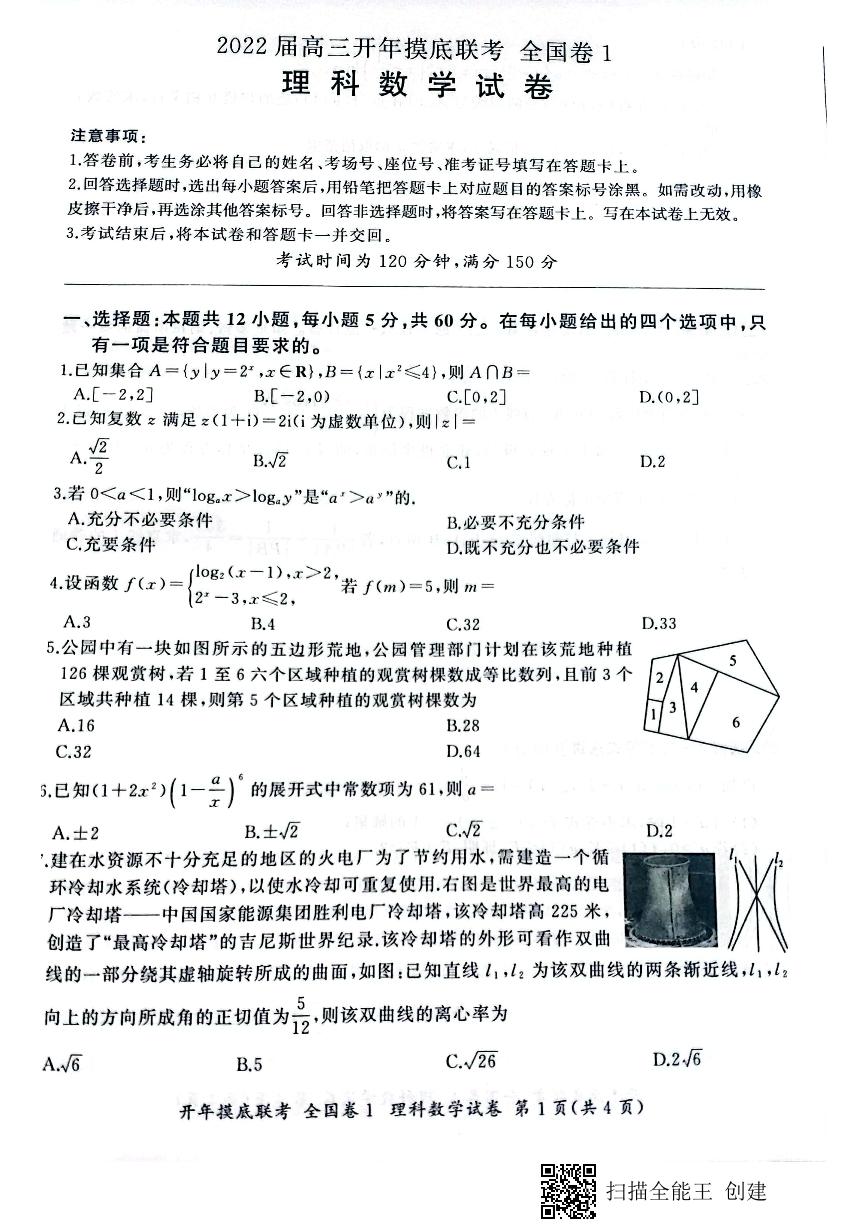 2022届山西省吕梁市（临县第一中学等校）高三下学期开年摸底联考（全国卷1） 数学（理） PDF版