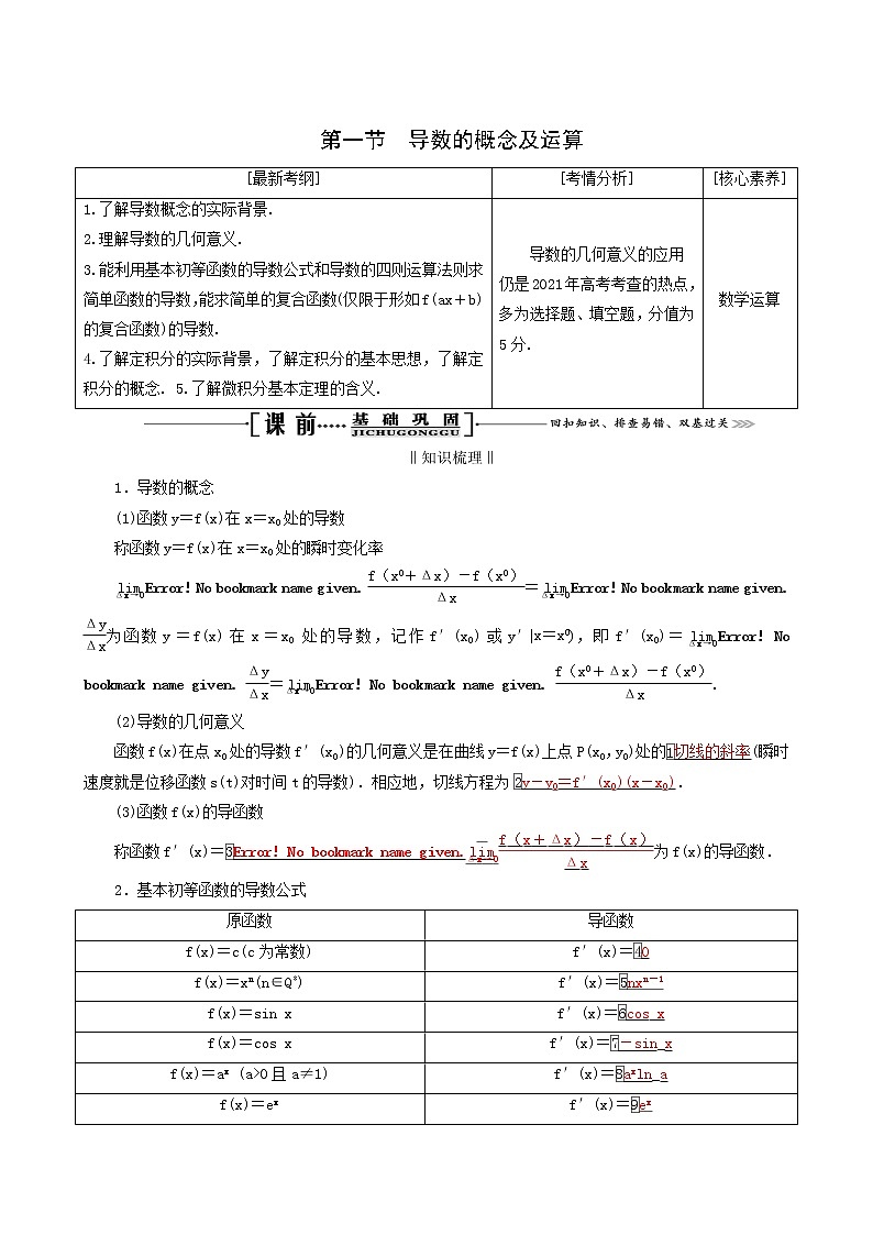 人教版高考数学一轮复习第3章导数及其应用第1节导数的概念及运算学案理含解析01