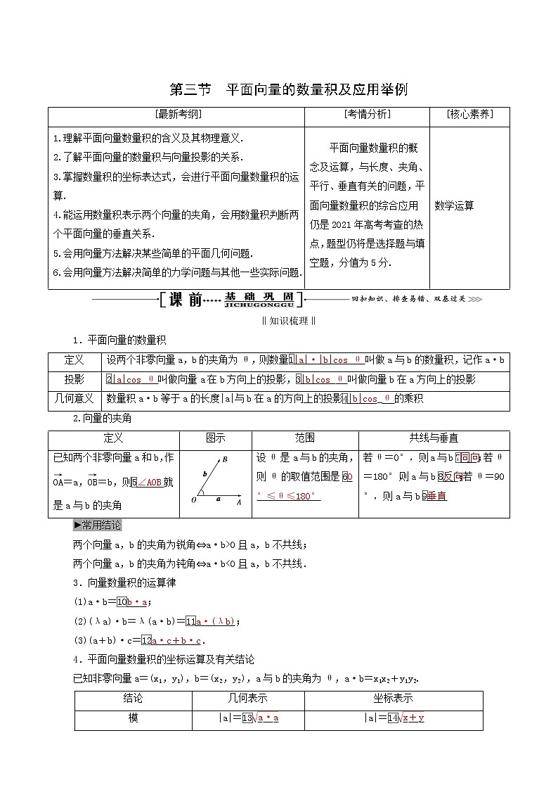 人教版高考数学一轮复习第5章平面向量第3节平面向量的数量积及应用举例学案理含解析第1页