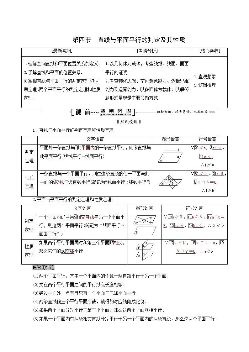 人教版高考数学一轮复习第8章立体几何第4节直线与平面平行的判定及其性质学案理含解析01
